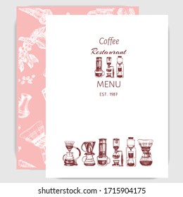 Illustration with an alternative way of brewing coffee. Alternative coffee brewing methods sketch. Menu espresso bar.