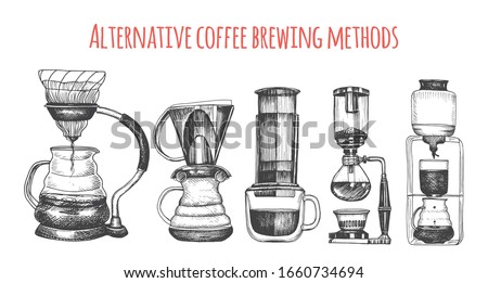 Illustration with an alternative way of brewing coffee. Alternative coffee brewing methods sketch.