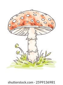 Illustration of an amanita muscaria mushroom with white spots, green grass, vector design.