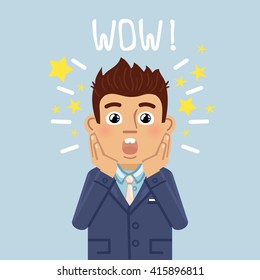 Illustration of an amazed businessman. Surprised, shocked face, emoticon, positive emotion, emoji, big eyes. Flat style vector illustration