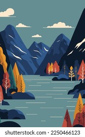 illustration of Amazing nature view with fjord and mountains at Scandinavian Mountains, Norway vector flat color