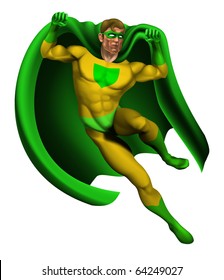 Illustration of an amazing superhero dressed in yellow and green costume with cape landing