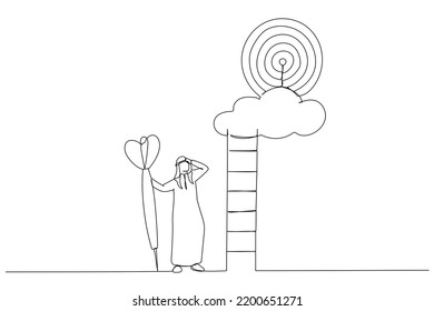 Illustration Of Ambitious Arab Businessman Hold Dart Aim High At Target On The Cloud. Metaphor For Dream Big Aim High, Ambition And Challenge. Single Line Art Style
