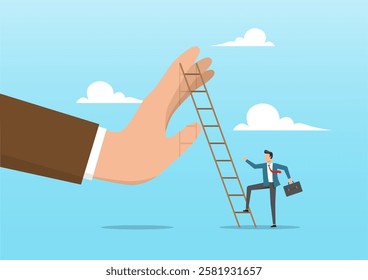 An illustration of an ambitious businessman about to climb a ladder to overcome a giant hand stopping him. Overcome business obstacle, challenge to solve business problems, and see opportunity concept