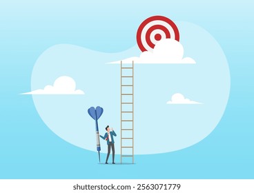 An illustration of ambitious businessman hold dart aim high at target on the cloud. Dream big aim high, motivation to achieve big goal or target career development concept