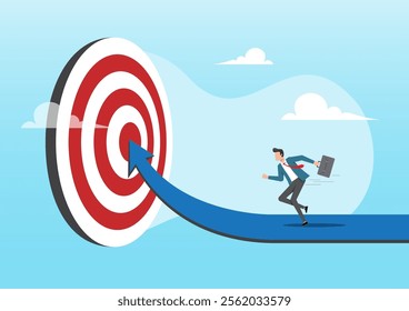 An illustration of ambitious businessman running on growth arrow path to target bullseye. Progress to goal or reaching business target, career growth or improvement concept