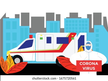 illustration of ambulance car trips carrying patients infected with corona virus and paramedics