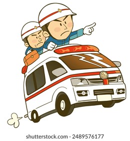 Illustration of an ambulance and a paramedic in it.  Vector illustration on white background.