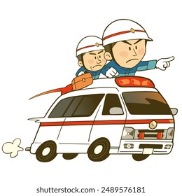 Illustration of an ambulance and a paramedic in it.  Vector illustration on white background.