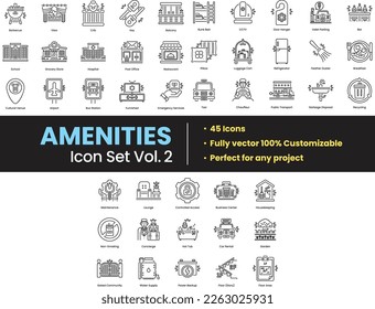 Illustration of Amenities Icons consists of interiors, objects, furniture, technology, housing