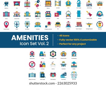 Illustration of Amenities Icons consists of interiors, objects, furniture, technology, housing