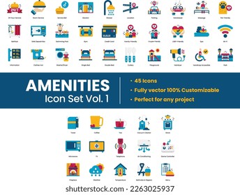 Illustration of Amenities Icons consists of interiors, objects, furniture, technology, housing