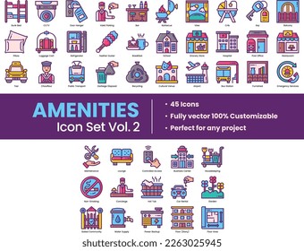 Illustration of Amenities Icons consists of interiors, objects, furniture, technology, housing