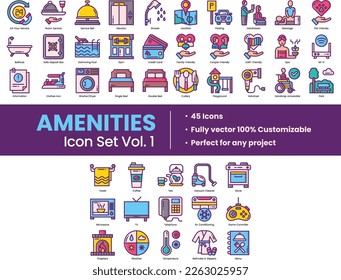 Illustration of Amenities Icons consists of interiors, objects, furniture, technology, housing