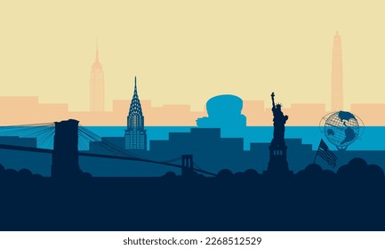 Illustration of america new york city silhouette with various buildings, monuments, tourist attractions