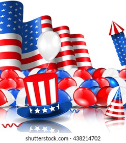 Illustration American Background with Balloons, Party Hats, Firework Rocket, Flag and Confetti - Vector