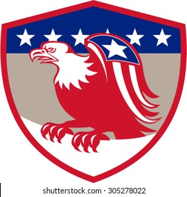 Illustration of a american bald eagle with flag star on wings perching viewed from the side set inside shield crest with stars in the background done in retro style.