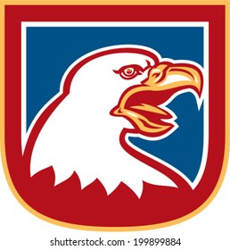 Illustration of an american bald eagle head set inside shield crest on isolated background done in retro style.