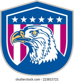 Illustration of an american bald eagle head facing side set inside shield crest with usa stars and stripes flag in the background done in retro style.