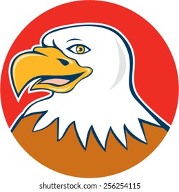 Illustration of an american bald eagle head smiling facing side set inside circle on isolated background done in cartoon style.