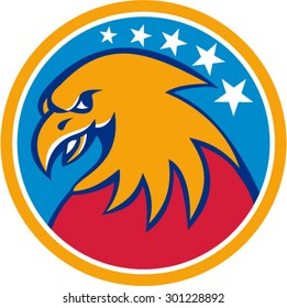 Illustration of an american bald eagle head viewed from the side set inside circle with stars in the background done in retro style. 