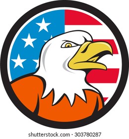 Illustration of an american bald eagle head angry looking to the side set inside circle with usa flag stars and stripes in the background done in cartoon style. 