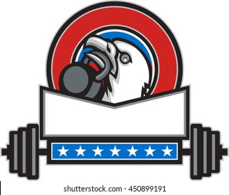 Illustration of an american bald eagle head looking up to the side lifting kettleball with beak set inside circle with barbell and stars done in retro style. 