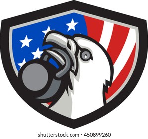 Illustration of an american bald eagle head looking up to the side lifting kettleball with beak set inside shield crest with american usa flag in the background.