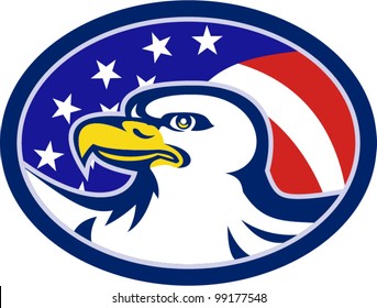 Illustration of an american bald eagle head with stars and stripes flag set inside ellipse.