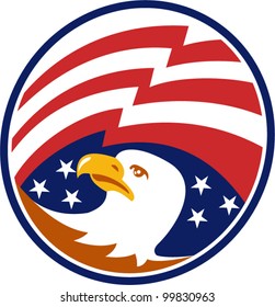Illustration of an American bald eagle head looking to side with stars and stripes flag set inside circle.