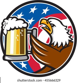 Illustration of an american bald eagle hoisting mug glass of beer stein viewed from the side with usa american stars and stripes flag in the background set inside circle done in retro style. 