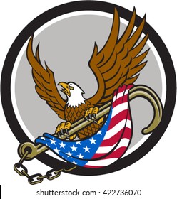 Illustration of an american bald eagle looking to the side clutching with its talon a towing j hook with chains draped with usa american flag viewed from front set inside circle done in retro style. 