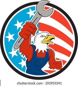 Illustration of a american bald eagle mechanic holding spanner looking to the side et inside circle with usa american stars and stripes flag in the background done in cartoon style. 