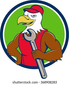 Illustration of a american bald eagle mechanic holding spanner looking to the side with one hand on hips set inside circle done in cartoon style. 