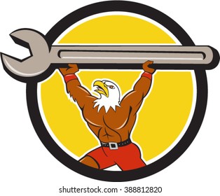 Illustration of a american bald eagle mechanic lifting giant spanner looking up to the side set inside circle on isolated background done in cartoon style. 