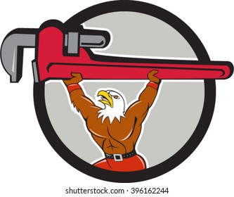 Illustration of a american bald eagle plumber lifting giant monkey adjustable wrench over head looking up to the side set inside circle on isolated background done in cartoon style. 
