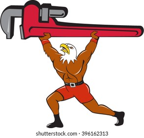 Illustration of a american bald eagle plumber lifting giant monkey adjustable wrench over head looking up to the side set  on isolated white background done in cartoon style. 