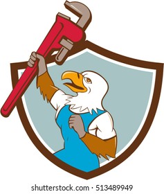 Illustration of a american bald eagle plumber raising up giant pipe wrench adjustable wrench over head looking up viewed from the side set inside circle on isolated background done in cartoon style. 