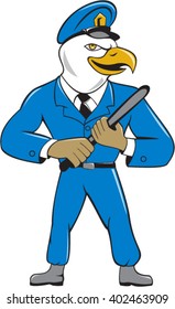 Illustration of an american bald eagle policeman holding baton looking to the side  set on isolated white background done in cartoon style. 