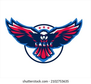 Illustration of an American bald eagle seen from the inside of the circle with the stars and striped flag of the United States on the background done in retro style.