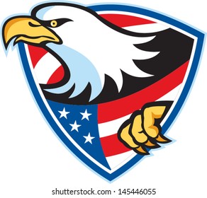 Illustration of an American bald eagle american stars stripes flag set inside shield on isolated white background.