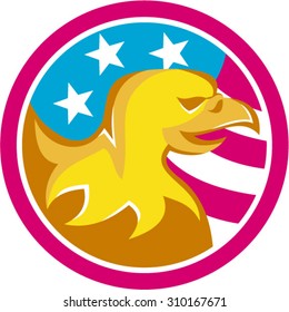 Illustration of an American bald eagle viewed from the side set inside circle with USA American flag stars and stripes in the background