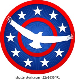 Illustration of an american bald eagle with white stars and red stripes on a blue background