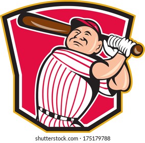 Illustration of a american baseball player batter hitter batting with bat inside crest shield shape done in cartoon style isolated on white background.