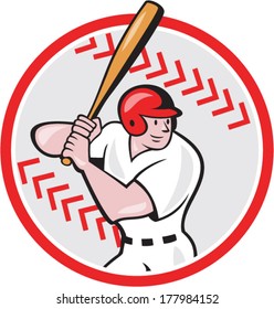 Illustration of an american baseball player batter hitter batting with bat facing side set inside ball shape done in cartoon style isolated on white background.