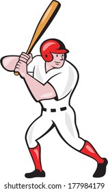 Illustration of an american baseball player batter hitter batting with bat done in cartoon style isolated on white background.