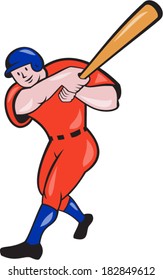 Illustration of an american baseball player batter hitter batting with bat done in cartoon style isolated on white background.