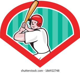 Illustration of an american baseball player batter hitter batting with bat set inside diamond done in cartoon style isolated on white background.
