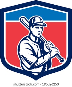 Illustration of a american baseball player batter hitter holding bat on shoulder set inside crest shield done in retro style on isolated background.