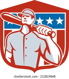 Illustration of a american baseball player batter hitter holding bat on shoulder set inside shield crest with stars and stripes in the background done in retro style. 